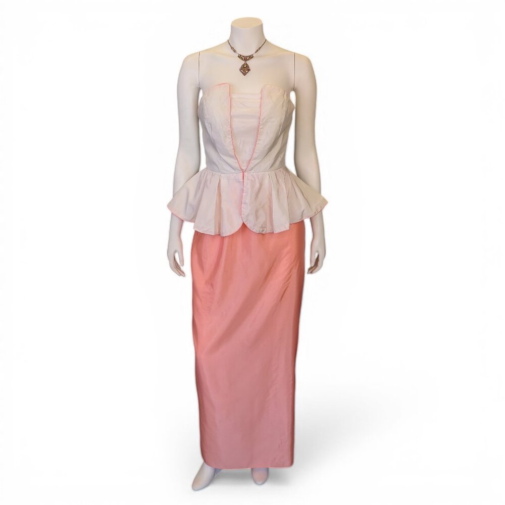 80s Strapless Peplum Evening Gown Pink Column Dress Old Hollywood 40s/50s